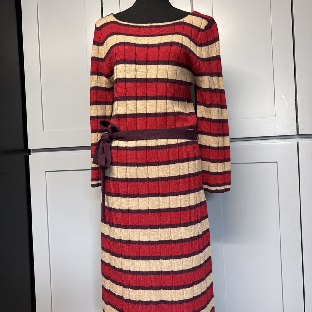 Trina Turk 100% Merino Wool Striped Knit Midi‎ Sweater Dress Red Tan Purple L